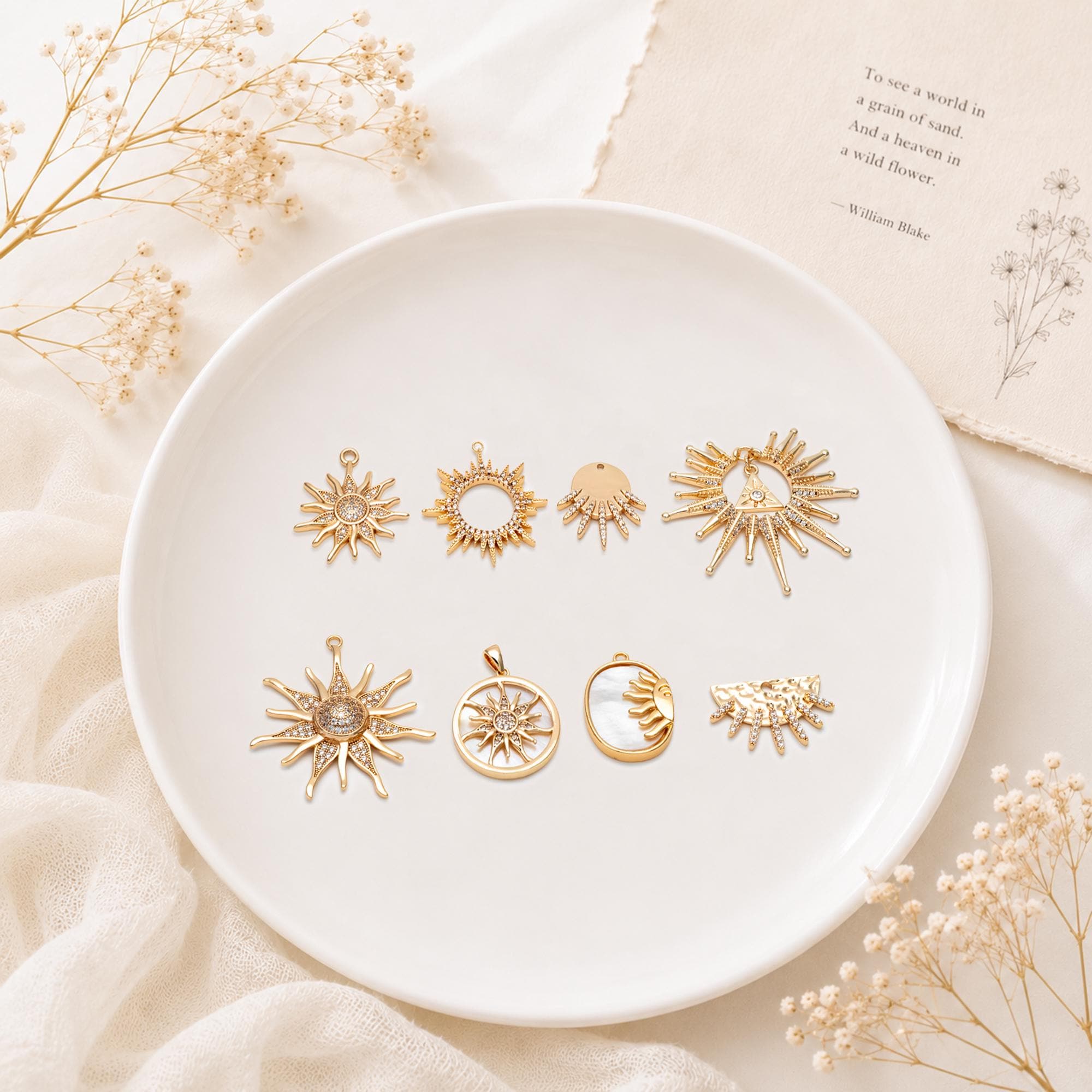 4pcs CZ Pave Gold/ Silver Sun Charms, 18K Gold/ Rhodium plated Brass, Sun Pendants (GB-2259)